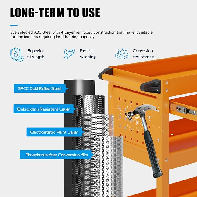 Heavy Duty 3 Tier Tool Cart, Mechanic Metal Rolling Tool Cart with Storage Drawers for Garage Workshop