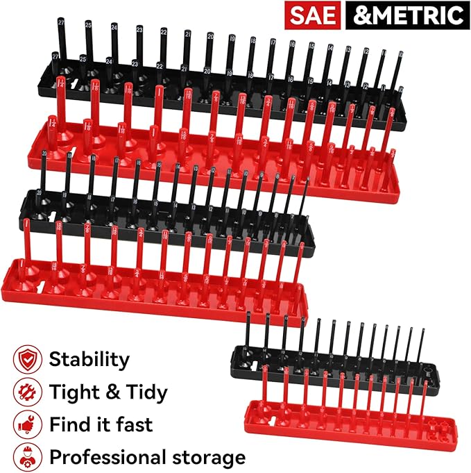 6PCS Socket Organizer Tray Set, Red SAE & Black Metric Socket Storage Trays, 1/4-Inch, 3/8-Inch & 1/2-Inch Drive Deep and Shallow Socket Holders for Toolboxes