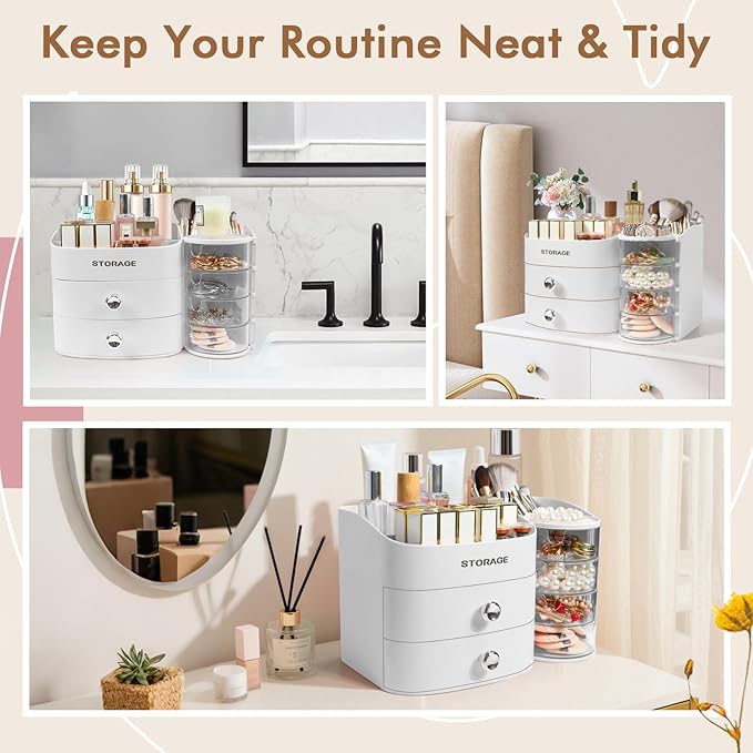 XIAPIA Makeup Organizer Countertop, Make Up Organizer for Vanity, Skincare & Cosmetic Organizers with Drawers, Bathroom Organizers Storage for Brush Holder|Lipstick|Jewelry, Ideal Gift for Women WHITE