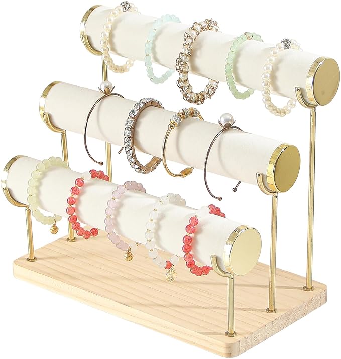 Coward Bracelet Holder Stand Rack, Removable Bracelet Display Organizer, T-Bar Wood Base Bangle Watch Scrunchies Jewelry Storage Towers for Home Desk or Shop Selling (3 Layer)