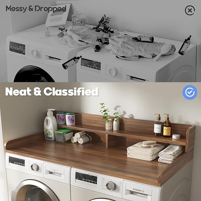 2-Tier Washer and Dryer Countertop,2.75" H Guard,58" W x 28" D Laundry Countertop Cover with Non-Slip Pad,Large Space Laundry Topper for Folding Clothes Over Washer and Dryer-Dark Walnut