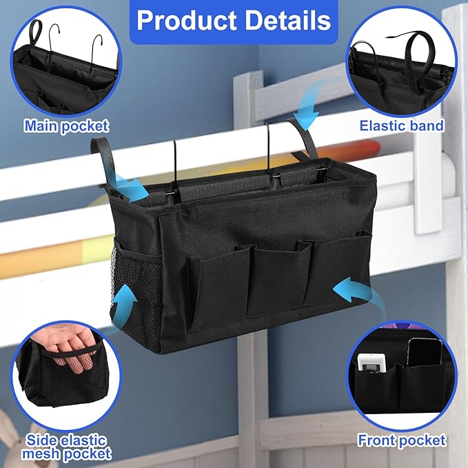 1PC Bedside Caddy, Bedside Storage Organizer for Top Bunk Bed Compartmental Oxford Cloth Versatile Large Capacity Bedside Hanging Bag Holder for Home Bedroom Dorm