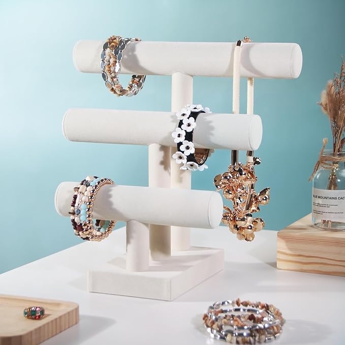 T-Bar Bracelet Holder Stand, Bracelet Jewelry Organizer Stand, Bangle Bracelet Watch Display for Selling, Scrunchie Hair Ties Jewelry Storage Rack for Women (3 tier beige)