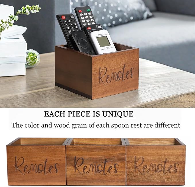 Acacia Wood Remote Control Holder Caddy, TV Organizer for Table, Vintage Farmhouse Desk Caddy (Brown for 3+ Controls)
