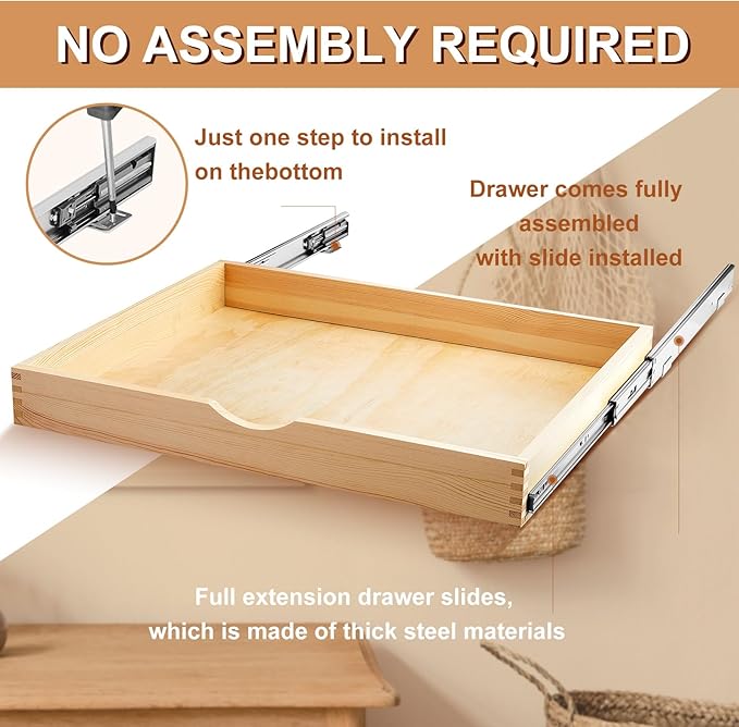 Menkxi 2 Set Pull out Tray Cabinet Organizer Wooden Pull Drawers storage Slide out Pantry Shelf for Base Cabinet Kitchen Gentle Close Fully Assembled Accessories(Wood Color,27'' X 21'' X 3")