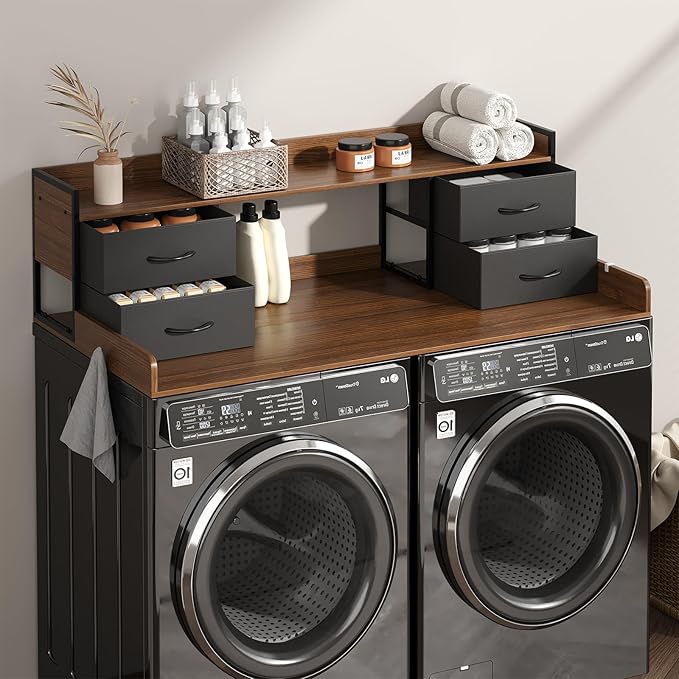 4 Drawers Washer Dryer Countertop with Shelf, 27.5" D x 54" W Laundry Topper with 3.54" High Guardrails and Non-Slip Pads,Extra Storage Organizer for Over Washer and Dryer, Holds 66 Lbs,Dark Walnut