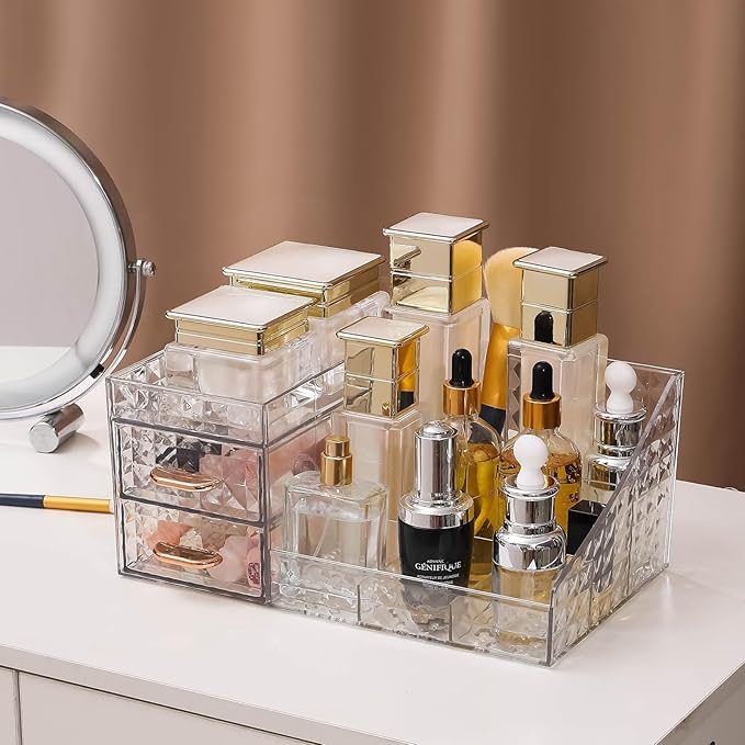 Clear Makeup Organizer for Vanity,Desk Makeup Caddy With Drawers for Cosmetics,Lipsticks Nail Care Skincare Jewelry Countertop Organizers,Cosmetic Display Cases for Bathroom, Dresser (Clear)