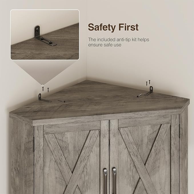 Corner Cabinet, 67''H Kitchen Pantry Storage Cabinet, 6-Tier Corner Food Pantry Hutch with 4 Barn Doors and Shelves, Tall Farmhouse Furniture for Kitchen Dining Living Room, Grey