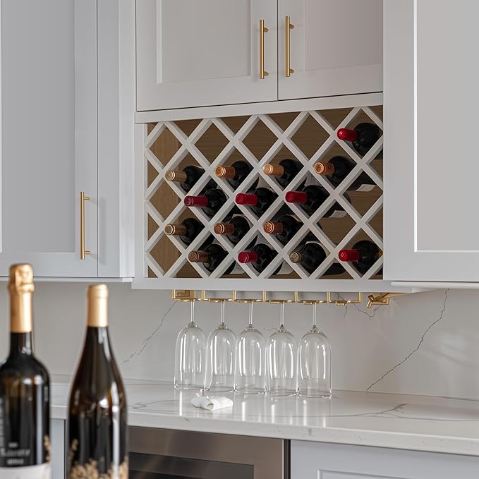 Solid Wood RTA Wall Cabinet with Lattice Panels - Wine Holder & Storage for Bar, Pantry, Cellar & Countertop - Mocha (White, 30'W 12'D 18'H)