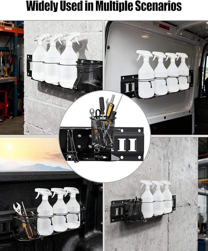 2 Pack E-Track Spray Bottle Holder, Heavy Duty Spray Can Rack for Enclosed Trailer, Wall Mount Bottle Organizer 7-Bottle Capacity with Tool Organizer, E Track Accessories
