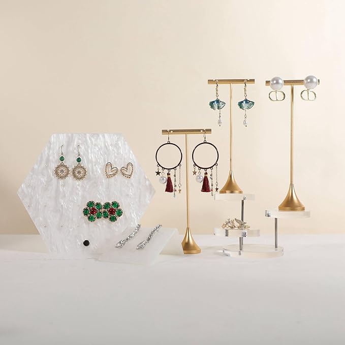 GemeShou Single Gold Earring T bar Stand, Metal earring display holder for show, Small jewelry studs hanger for Online store Photo Shoot【Gold-Cone Base Height 5.8"】