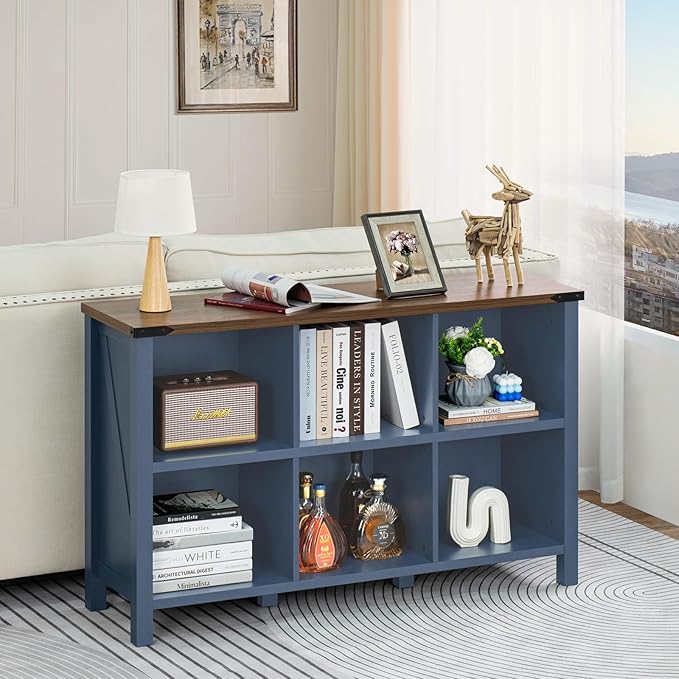 6 Cube Bookcase, Farmhouse Wood Low Storage Organizer Book Shelf, 47" Horizontal Navy Blue Console Bookshelf with Legs, Hallway Book Case for Entryway, Display Cabinet for Living Room, Office