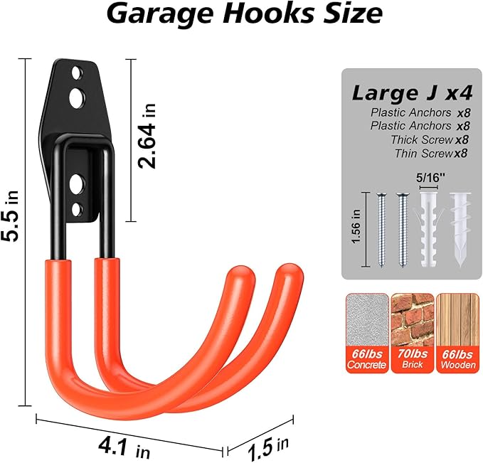 4 Pack Heavy Duty Garage Hooks,Solid Steel Wall Mount Hangers,with Anti-Slip Coating,for Hanging and Organising Ladder,Bike,Ropes,Broom,Garden,Yard and Power Tools(5.5x4.1 inch)