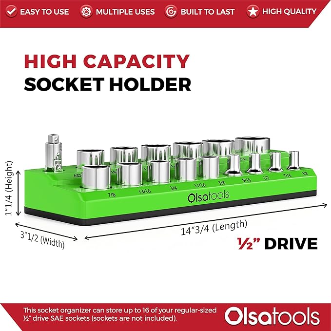 Olsa Tools Magnetic Socket Organizer | 1/2-inch Drive | SAE | Green | Holds 16 Sockets | Professional Quality Tools Organizer