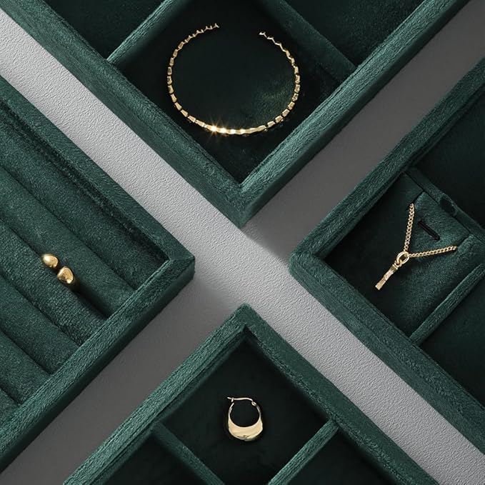 Velvet Stackable Jewelry Display Tray, 24 Grid Earring Ring Storage Tray, Drawer Divider Jewelry Accessories Organizer Plate (Green)