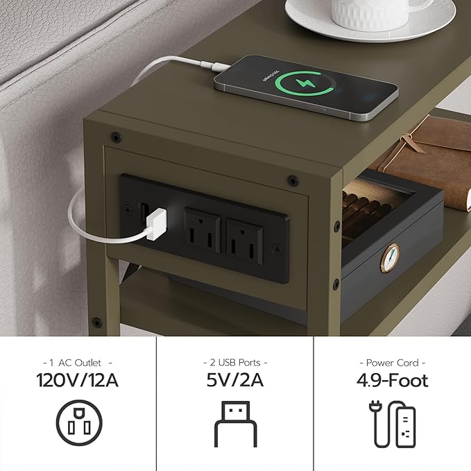 Green Side Table with Charging Station, Slim End Tables with Linen Basket, Skinny Table for Small Spaces, Thin Bedside Table for Living Room, Bedroom