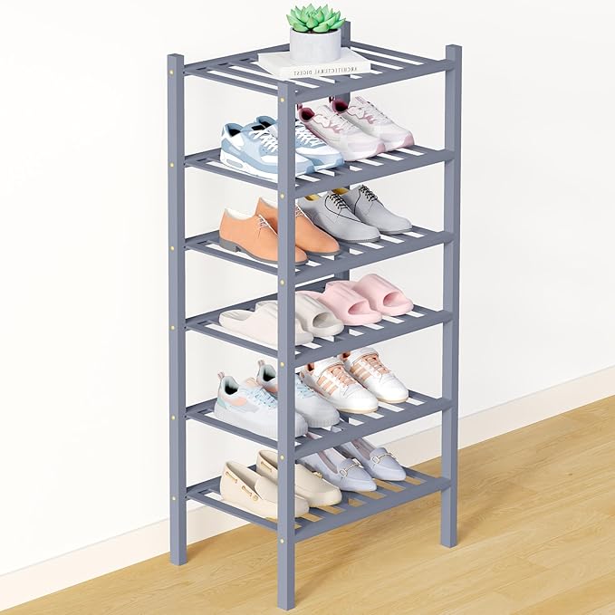 Smiry Bamboo Shoe Rack for Closet, 6 Tier Small Wooden Stackable Shoe Organizer, Free Standing Shoes Storage Shelf for Entryway, Front Door Entrance, Grey