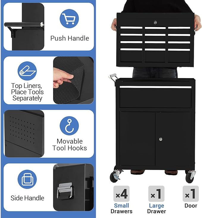 5-Drawer Rolling Tool Chest with Wheels and Locking System, Portable Tool Cabinet for Garage, Workshop, Mechanic, Heavy Duty Tool Box with Drawers, Detachable Storage for Home and Shop, Black