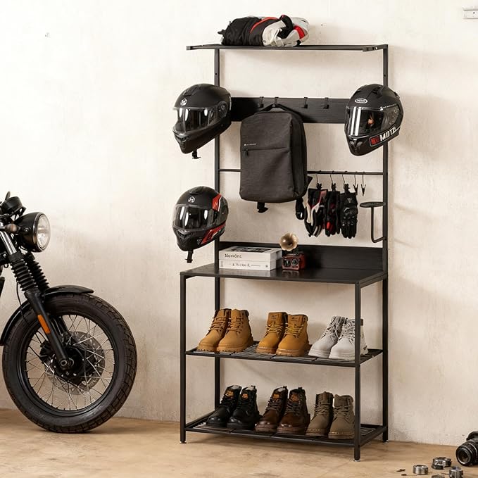 Motorcycle & Sports Helmet Rack & Gear Organizer – Fits 7 Helmets, Jackets, Boots & Gloves – Heavy-Duty Steel + Wood Storage Shelf for Home or Garage