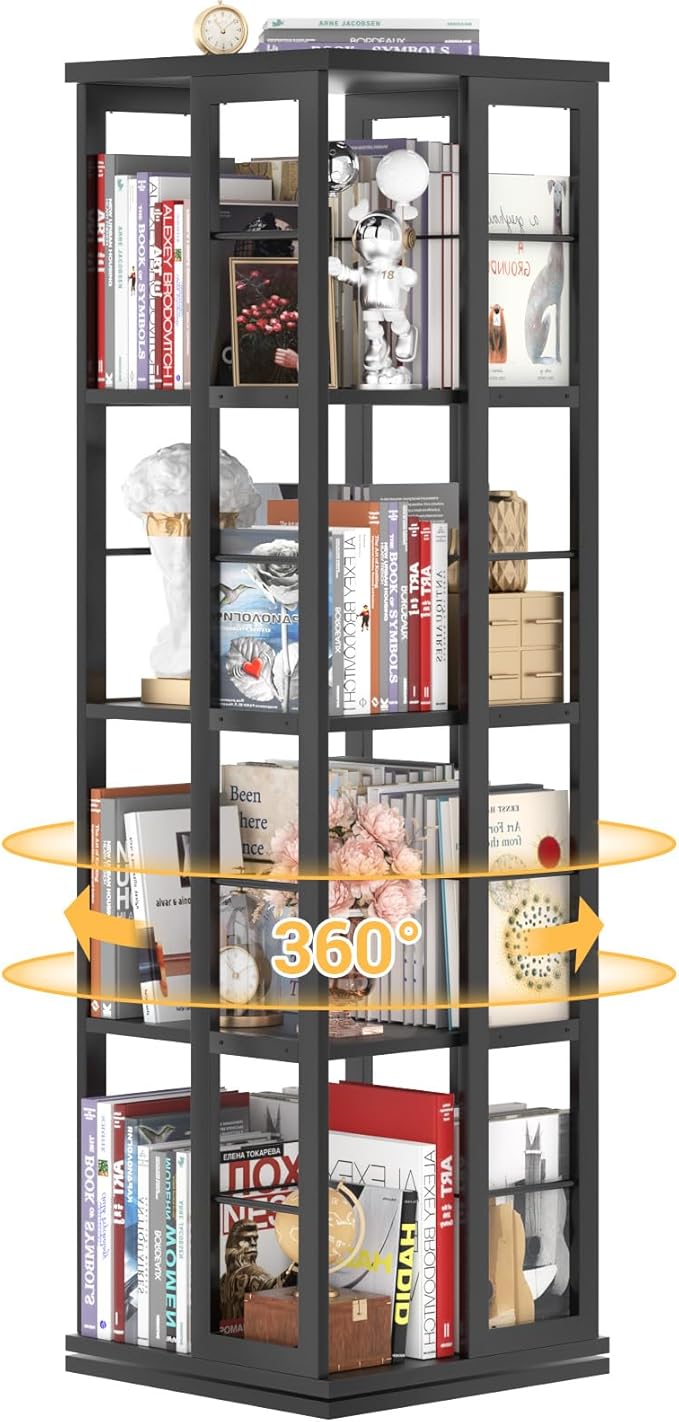 Aheaplus Rotating Bookshelf, Corner Bookshelf, 360 Display Wood Spinning Bookshelfs, Floor Standing Bookcase Narrow Shelf Revolving Organizer Storage Rack for Small Space, Bedroom, Study Room, Black