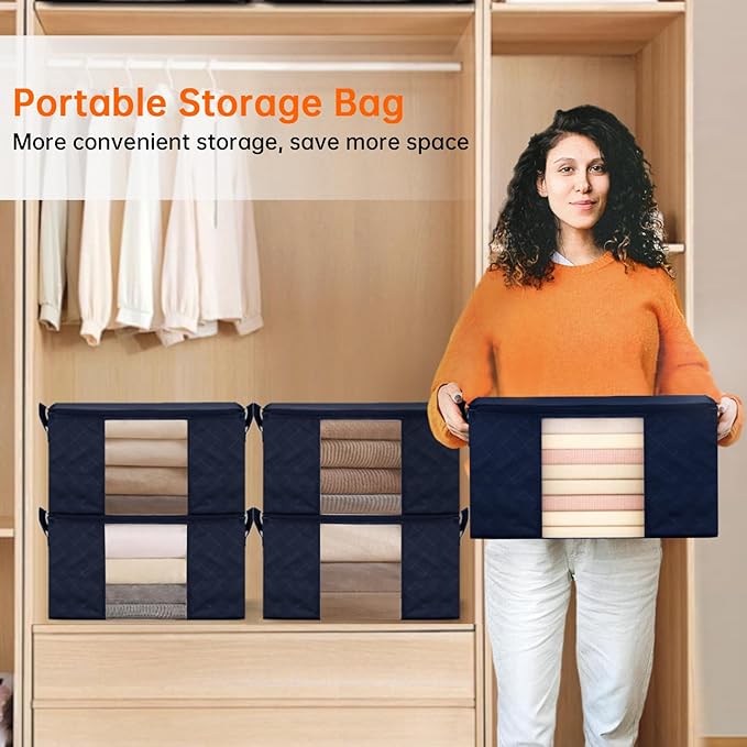 8 Pack Clothes Storage Bags - 60L Blanket Organizers and Storage for Closet Large Storage Bins with Lids and Zipper Storage Containers for King Comforter, Pillow and Sweater(Blue, 8 Pack)