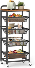 VASAGLE Storage Cart with Pull-Out Baskets, 5-Tier Kitchen Cart with Wheels, Handle, 12.5 x 15.8 x 37.4 Inches, Rustic Brown and Ink Black ULRC041K01