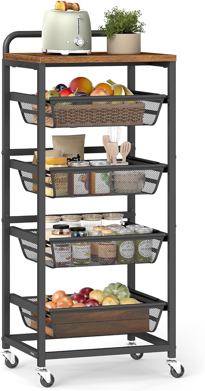 VASAGLE Storage Cart with Pull-Out Baskets, 5-Tier Kitchen Cart with Wheels, Handle, 12.5 x 15.8 x 37.4 Inches, Rustic Brown and Ink Black ULRC041K01