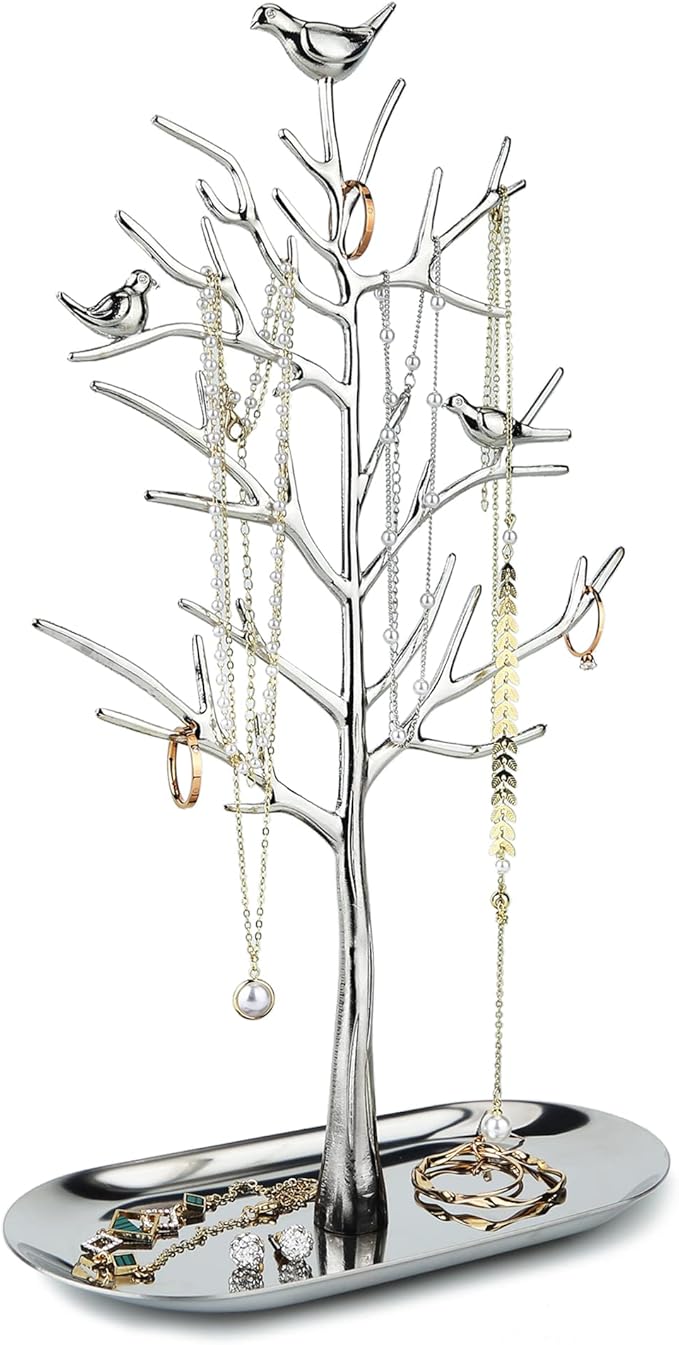 MORE&LESS Branch Jewelry Rack with metal tray,Luxury color,Tree Tower Rack Hanging Organizer for Ring Earrings Necklace Bracelet,Suitable for living rooms, bathrooms,offices,etc.