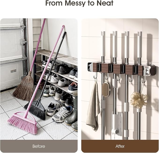 Suction Cup No Drilling Broom Holder Wall Mount, Walnut Color Mop Organizer Wall Hanging, 4 Racks 5 Hooks Tool Organizer Hanger Self Adhesive for Home, Garage, Garden, Laundry, Kitchen