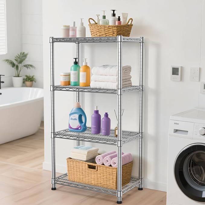 4- Shelf Storage Shelves Wire Shelving Unit Adjustable Metal Shelving Sturdy Steel Commercial Shelf organize Rack Units Heavy Duty 2200 LBS,for Garage Laundry Bathroom Organization Kitchen Closet