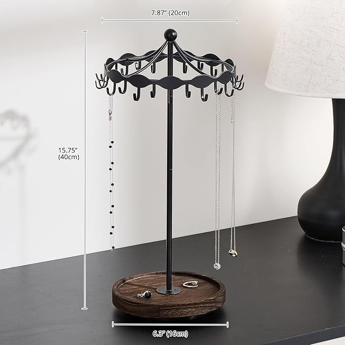 Lolalet Rotating Necklace Holder Stand with Metal Hooks, Spinning Display Carousels, Freestanding Organizer Hanger, for Long Necklaces Chains -Black