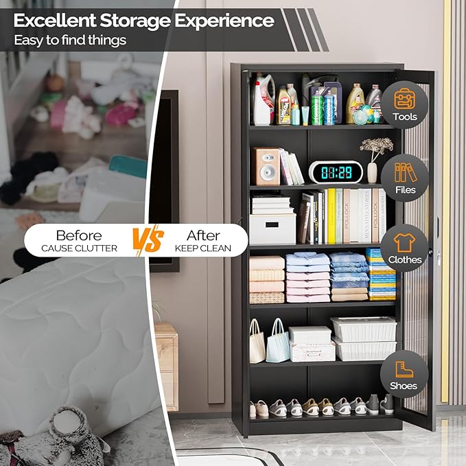 VINGLI Lockable Display Cabinet with Glass Doors & 5 Adjustable Shelves, 71" Tall Black Metal Storage Cabinet Curio Liquor, Bookshelf Bookcase for Home Office Living Room Pantry Garage