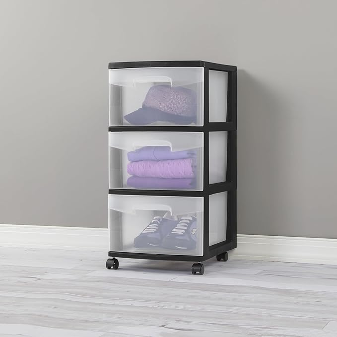 3 Drawer Rolling Plastic Storage Cart with Large Durable Clear Drawers and Removable Wheels, Suitable for Bedroom, Dormitory, Closet, Kitchen and Office (BLACK)