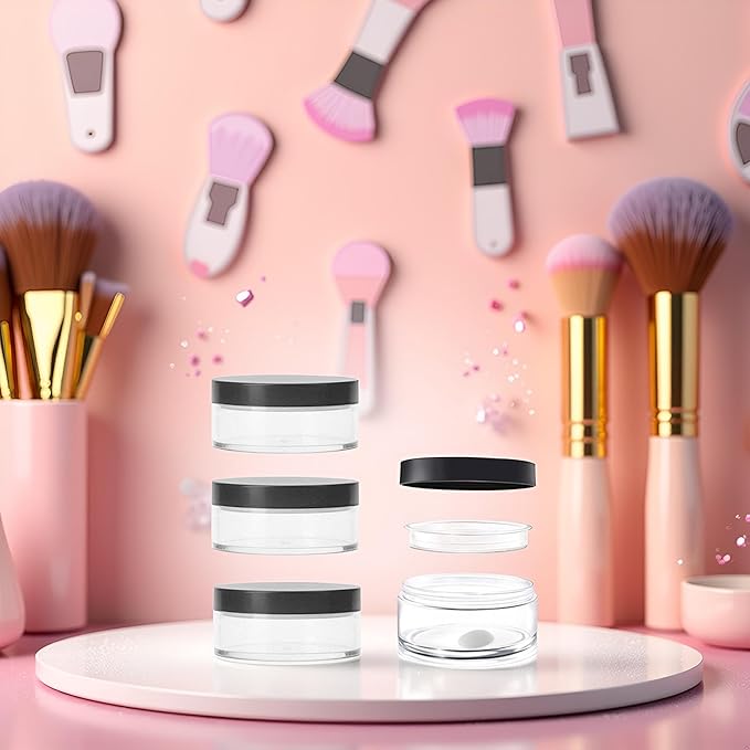 Pack of 4 Capacity 30 ml(1 oz) Empty Reusable Plastic Loose Powder Compact Container DIY Makeup Powder Case with Sifter and Lined Screw Lid Powder Face