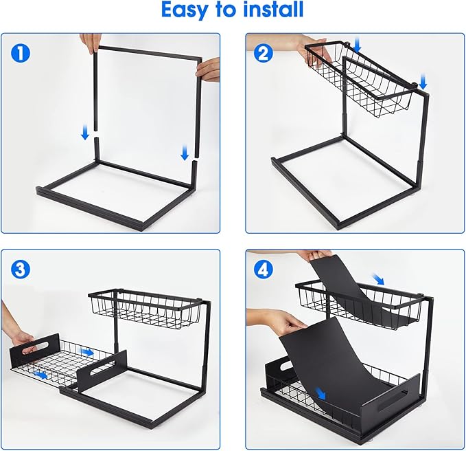 2 Pack Under Sink Organizer, 2 Tier Under Sink Organizers and Storage Multi-Purpose Under Sink Storage for Bathroom Kitchen (Black)