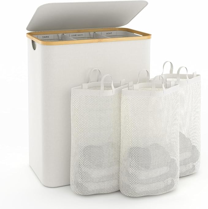 Hampers for Laundry Basket with Lid, 160L Extra Large Laundry Hamper 3 Section Dirty Clothes Hampers for Laundry Divided Laundry Basket Organizer for Bedroom,Laundry Room, Dirty Clothing Hamper, Beige