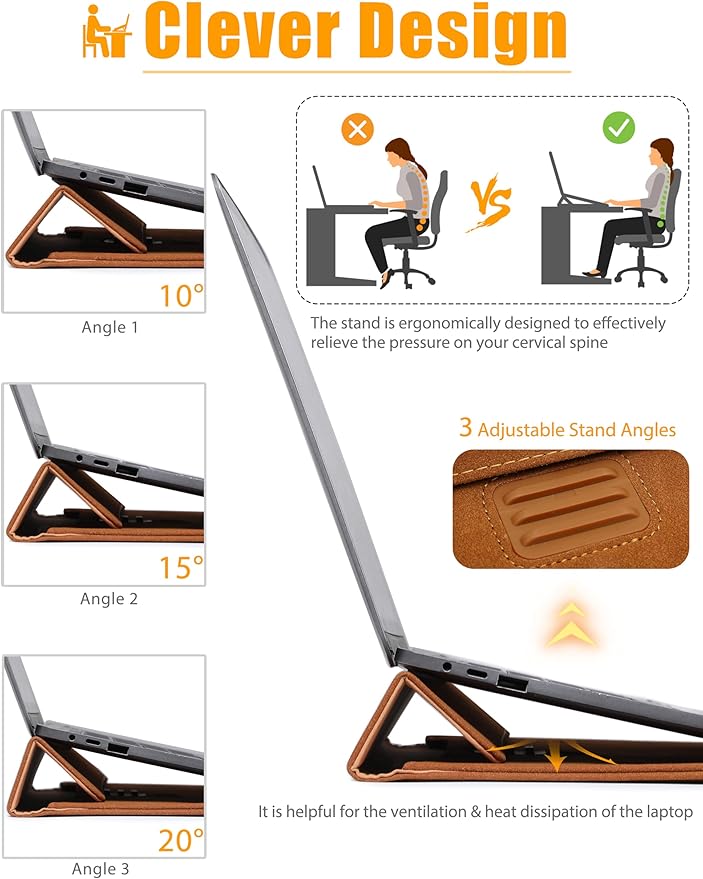 HYZUO 15-16 Inch Laptop Sleeve Bag with Adjustable Stand Feature for MacBook Pro 16 M4/M3/M2/M1 2025-2019, XPS 15, MacBook Pro 15 2015-2012, Case with Pouch, Brown