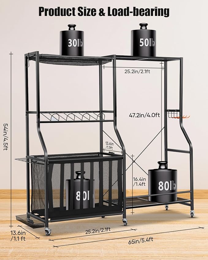 Garage Sports Equipment Organizer with Wheels - Golf Bag Storage Rack and Ball Storage Bins, Heavy Duty Rolling Garage Organizer System with Basket and Hooks for Indoor/Outdoor Sports Gear