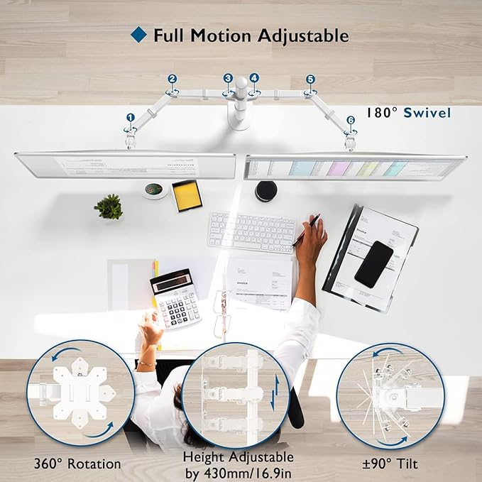 BONTEC Dual Monitor Desk Mount, Full Motion Adjustable White Monitor Stand for 13–27 Inch Screens, Heavy Duty Arms Hold 22 lbs Each, VESA 75x75/100x100, C Clamp and Grommet Base, Cable Management