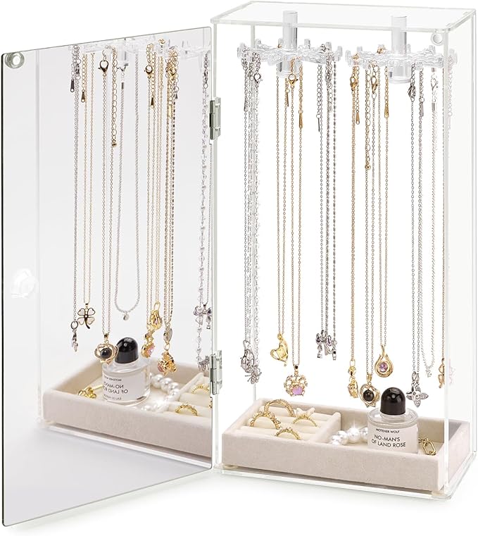 Acrylic Jewelry Organizer with Mirror - 24 Rotating Hooks, Velvet Tray for Necklaces, Rings & Earrings - Clear Necklace Holder Organizer, Rotating Jewelry Box, Elegant Necklace Jewelry Box for Women