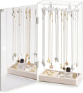 Acrylic Jewelry Organizer with Mirror - 24 Rotating Hooks, Velvet Tray for Necklaces, Rings & Earrings - Clear Necklace Holder Organizer, Rotating Jewelry Box, Elegant Necklace Jewelry Box for Women