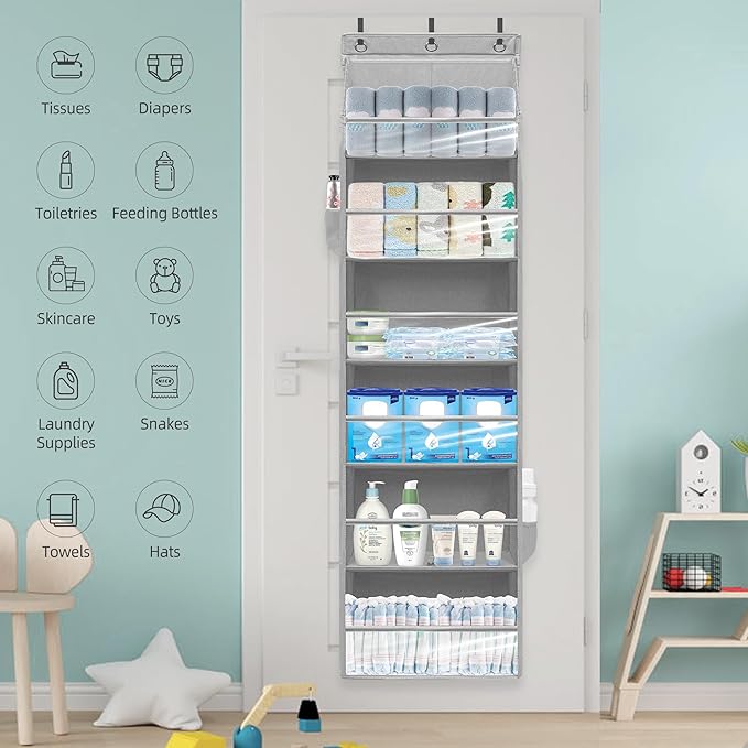 Over Door Organizer with 6 Extra Large Pockets 12 Side Pockets, 2-Pack Sturdy Closet Rack, Hanging Storage Organizer with Clear Window for Shoes, Diapers, Toys, Bedroom, Bathroom, Grey
