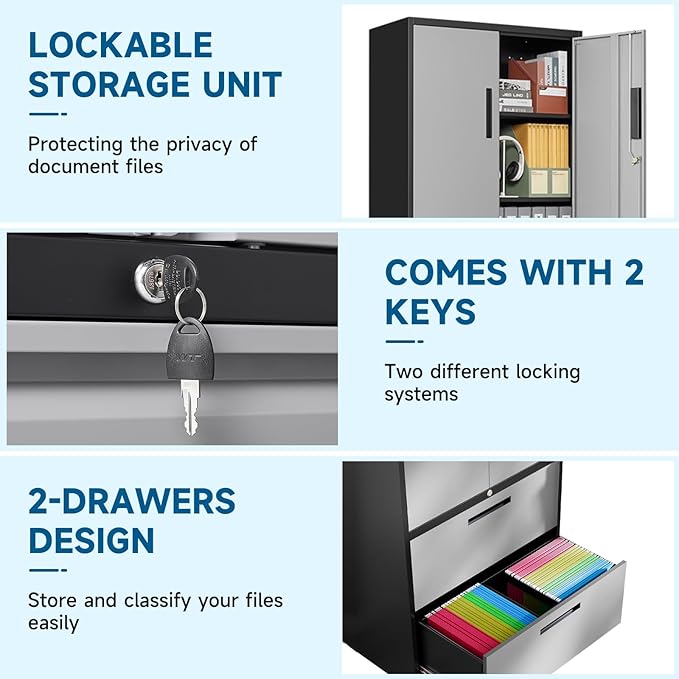 2-Drawer Metal File Cabinet,Lateral Filing Cabinets for Home Office,Locking File Cabinet with Storage Shelves,Legal/Letter/A4 Size Office File Cabinets(Black Grey, Assemble Required)