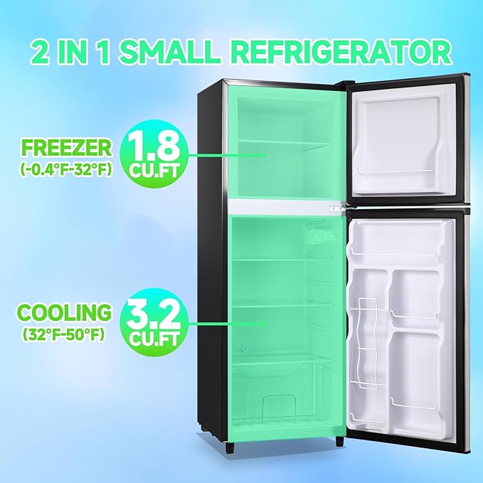 5.0 Cu.ft Mini Refrigerator with Freezer Small Fridge Drink Holder Double Door Refrigerator Adjustable Glass Shelves for Home,Apartment,Office Silver