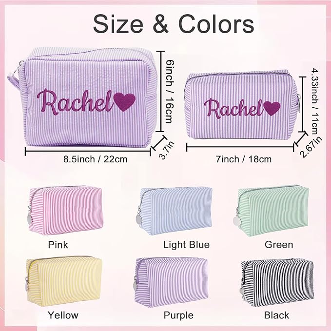 Personalized Seersucker Makeup Bag with Embroidered Name&Birth Flower,Custom Small Travel Cosmetic Bag Toiletry Bag Wedding Gifts for Bridesmaid Bride (3-Makeup Bag with Heart)