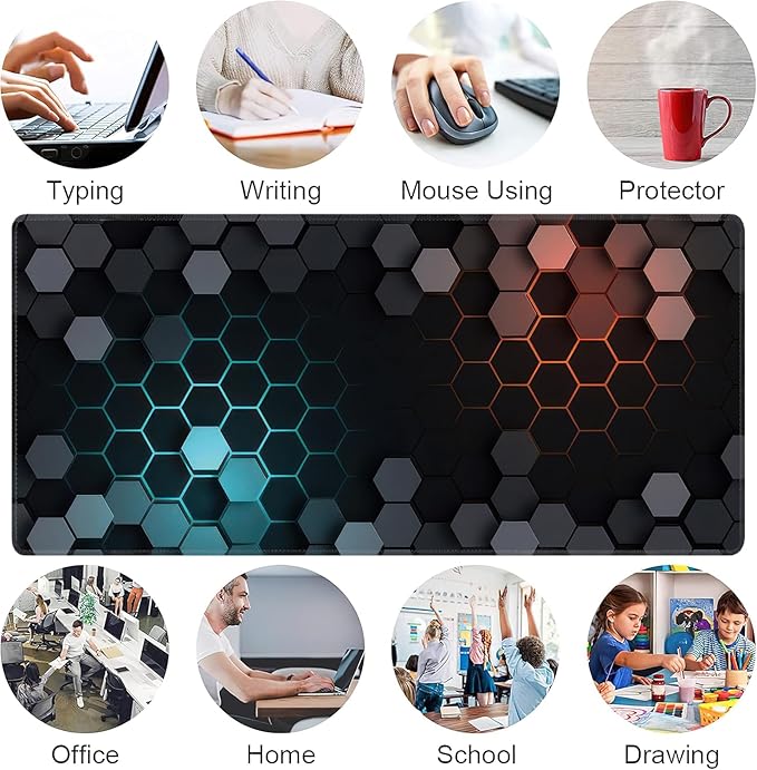 Hexagon Honeycomb Large Mouse Pad,Gaming Keyboard Desk Pad,Extended Mouse Mat Non-Slip Rubber Base with Stitched Edges for Office Game Home XXL 35.4"x15.7"
