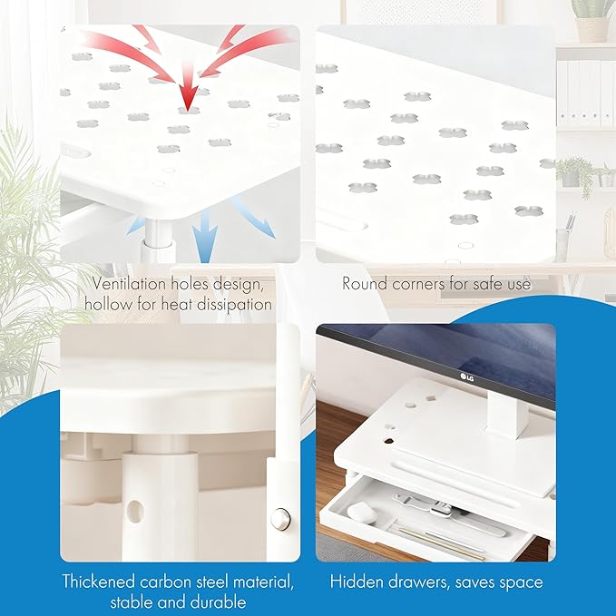 Monitor Stand Riser with Drawer - Adjustable Height (10.5-14.5cm) 3 Gears, Carbon Steel Desk Organizer for Computer/Laptop, Ventilated, Multi-Layer Storage for Office Home (White)