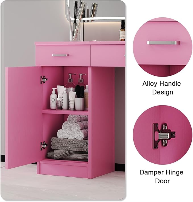 4ever2buy Salon Stations for Hair Stylist, Wall Mount Barber Station with Barber Cabinet, Hair Station Equipment Hair Dryer Holder, Drawers, Mirror not Included, Pink
