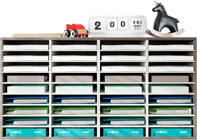 TQVAI Literature Organizer, Heavy Duty 36 Compartments Countertop Mail Organizer with Adjustable Shelves, Wooden Desk Paper Storage Organizer, Mailboxes Cubbies for Office, Classroom, Retro Grey/White