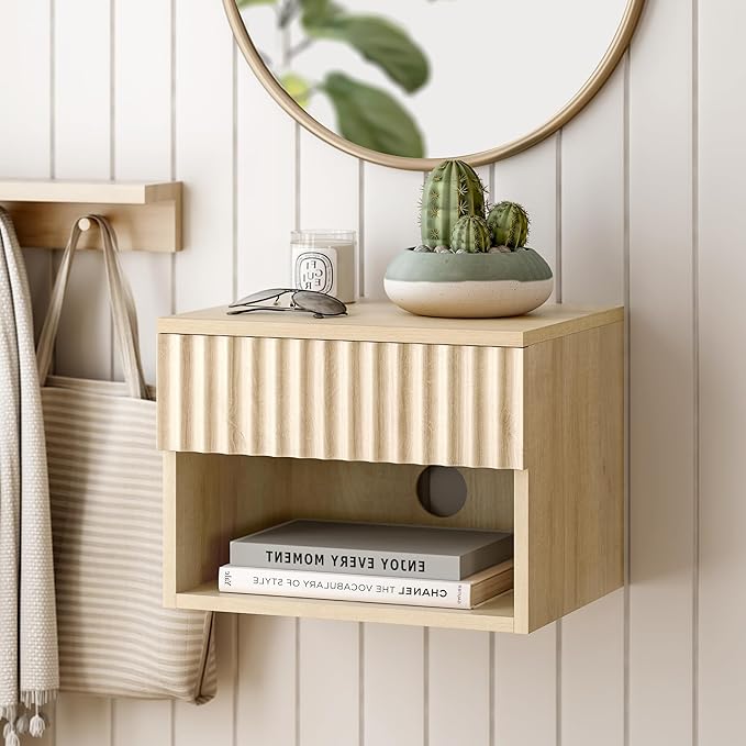 Floating Nightstand with Drawer and Open Shelf, Small Wall Mounted Bedside End Table, Modern Fluted Night Stand for Bedroom, Living Room, Light Oak